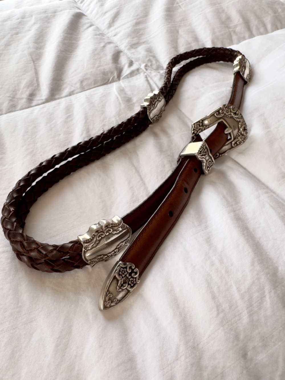 Vintage Woolrich Brown Braided Leather Belt with Ornate Silver Western Hardware